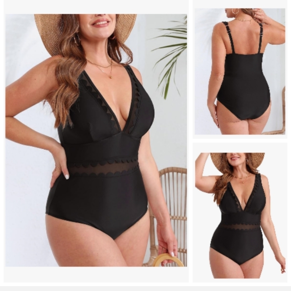 CUPSHE One Piece V Neck Mesh Scalloped Bathing Suit Adjustable Straps. Size XL